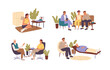 Psychotherapist sessions set. Family psychotherapy, online psychological counseling. Doctor does therapy for patients with mental disorders, problems. Flat isolated vector illustration on white