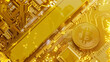 Golden Bitcoins and Circuit Board Reflecting Wealth in Technology
