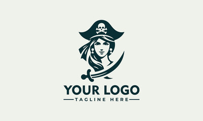 Wall Mural - Female pirate woman crossed badge vintage logo line art concept black and white color hand drawn vector illustration logo