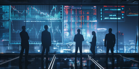 Wall Mural - Futuristic technology concept. Team of artificial intelligence software engineers and finance workers in financial stock market that is digitalized with graphics into digital twin of finance Industry