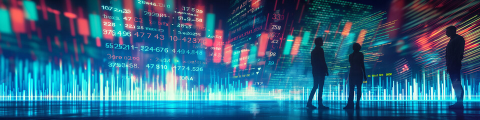 Futuristic technology concept. Team of artificial intelligence software engineers and finance workers in financial stock market that is digitalized with graphics into digital twin of finance Industry