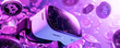 Virtual Reality Headset and Bitcoin Coins on a Purple Hued Background