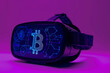 Bitcoin Symbol on a Virtual Reality Headset Illuminated in Neon Purple