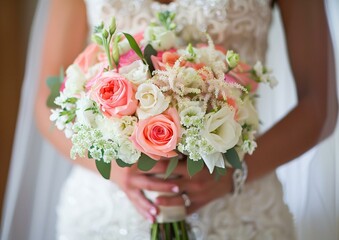 Elegant Bride Holding Colorful Wedding Bouquet Close-up