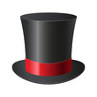 Black top hat with red ribbon. Transparent background.