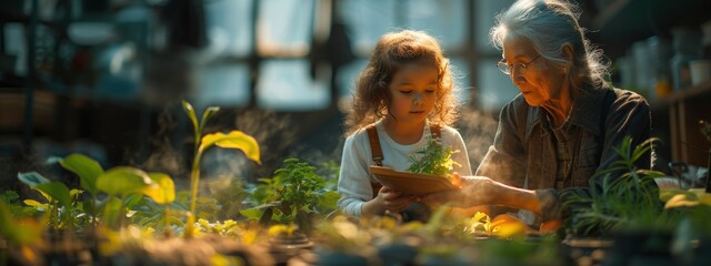 Grandmother with her granddaughter gardening . Different generations spend time together. real values, transmission of family traditions