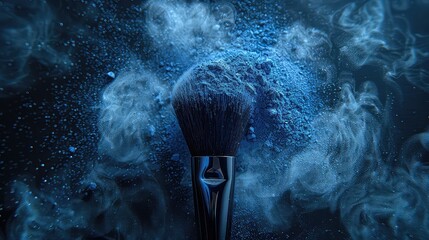 Poster - Makeup cosmetic brushes with powder blush explosion on black background. Skin care or fashion concept. Free space for your text