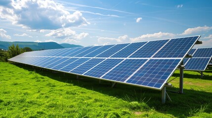 Solar Farm in Green Landscape, Ideal for Renewable Energy and Agriculture Synergy