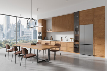 Modern kitchen interior with wooden finishes and a city view in the background, representing urban home design. 3D Rendering