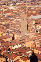 Wall Mural - A vertical image showing a medieval tower in Bologna city center. The view includes surrounding buildings, tightly grouped rooftops, and a historic cityscape