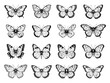 Black Butterflies Vector Simple Silhouettes. Butterfly and moth stroke sketch set Isolated on White Background Icons