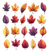 Cartoon Autumn Leaves. Yellow and red autumnal Garden tree leaf set, Autumn Fallen Dry Botanical Forest Leaves