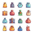 Cartoon Bags Colourful Set. Flat pouches Isolated Vector Symbols. Various Hand-Drawn sacs Design Elements on White Background