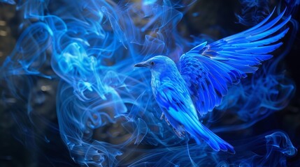 Photo of a fire bird Blue color isolated on black wide angle lens