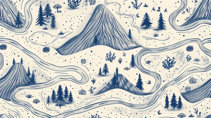 A tranquil intricate line drawn landscape with mountains trees and winding rivers