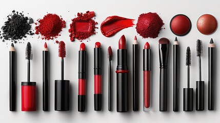 Canvas Print - makeup cosmetics, brushes and other essentials on white background top view. beauty flat lay concept in red colors