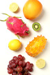 Set of tropical fruits on white background, top view