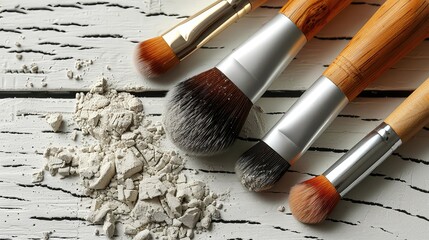 Poster - Makeup brushes and scattered face powder on wooden background, flat lay. Different makeup brushes with crushed cosmetic products