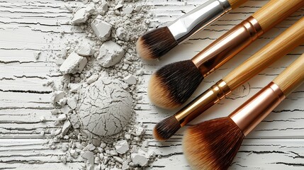 Sticker - Makeup brushes and scattered face powder on wooden background, flat lay. Different makeup brushes with crushed cosmetic products