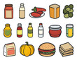 Cartoon meal, Tinned Food, Fast-Food, and Drink Set. Vector Foods Icons in Simple Flat Style on White Background