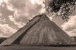 Maya Pyramid of the Magician in sepia tones, Uxmal, Yucatan Peninsula, Mexico.