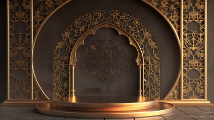 Wall Mural - Luxurious golden stage with intricate Arabic patterns and a central ornate mandala on a dark backdrop.