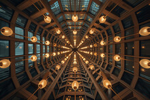 Looking Up At A Complex Arrangement Of Italian Lights In A Conference Center's Ceiling.