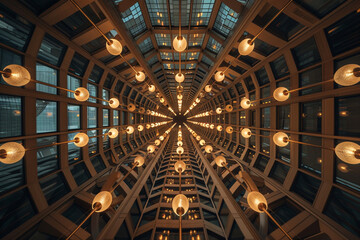 Poster - Looking up at a complex arrangement of Italian lights in a conference center's ceiling.