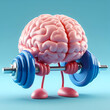 3D style human brain cartoon lifting weights. Mental, memory, brain training concept. 
