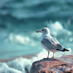 Majestic Seagull Standing on a Rock Overlooking the Ocean Waves