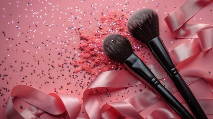 Canvas Print - Makeup cosmetic brushes with powder blush explosion on black background. Skin care or fashion concept. Free space for your text