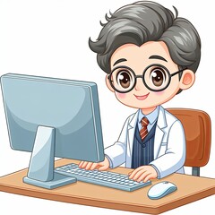 Wall Mural - A professor in glasses and a white coat works at a computer.  Illustration on white background.