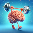 3D style human brain cartoon lifting weights. Mental, memory, brain training concept.
