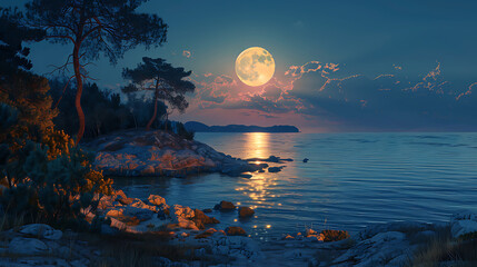 Wall Mural - night landscape with moon and sea