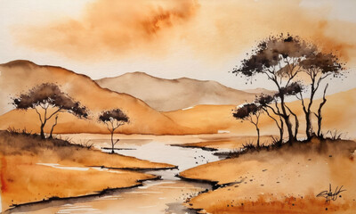 watercolor savanah landscape