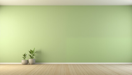 Bright green empty room with wooden floor and two potted plants