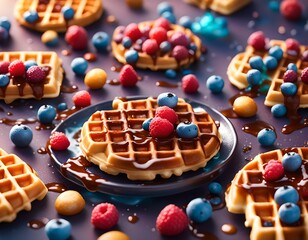 Waffles on a plate with berries, dessert, commercial photo for marketing use