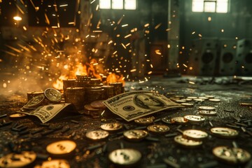 money coins fire burned savings