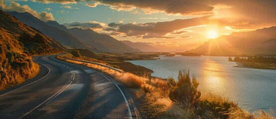 Wall Mural - road mountains landscape at Sunrise