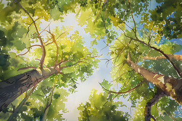 Watercolor painting pastel color steps of thick trees as seen from below.