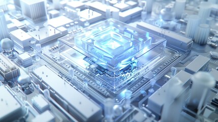 Poster - High-tech concept of a futuristic glowing processor chip on a motherboard with detailed electronic components.