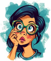 Wall Mural - Colorful Illustrated Portrait of Surprised Young Woman Wearing Glasses on Abstract Background