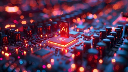 Poster - Dramatic close-up view of an AI circuit board with glowing lights and AI chips, highlighting technology.