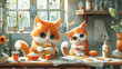 Sweet orange cat making crafts at a crafting table
