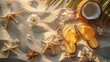 Summer Beach Scene with Sandals and Seashells on Sand