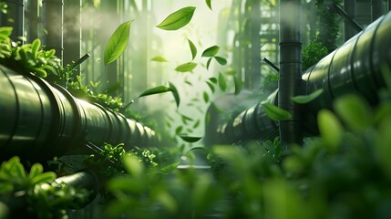 Poster - Green leaves flutter around industrial pipes in a lush, foggy environment, symbolizing nature and industry fusion.