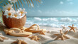 Summer Beach Scene with Sandals and Seashells on Sand