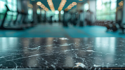 Wall Mural - Black marble table in a gym with blurred background. Perfect for displaying or montaging products.