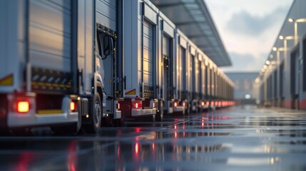 delivery trucks lined up at a distribution center, ready for dispatch across the country. highly det