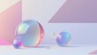 A colorful minimalist image featuring several iridescent spheres of varying sizes on a geometrical background.